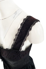 Rare 1970s Mary Quant Black Silk Floral Weave Maxi Dress w Peplum & Ruffled Hem