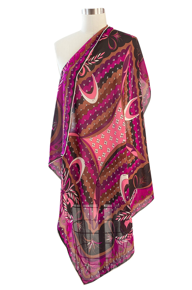 1960s Emilio Pucci Pink Floral & Ribbon Print Silk Jersey Dress w Matching Silk Chiffon Scarf