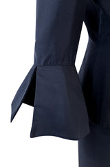 Stunning 1950s Jacques Fath Deep Navy Blue Silk Button Vent & Side Button Jacket Suit