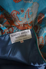 1960s Hardy Amies Deep Turquoise & Printed Silk Organza Dress w Matching Ruffled Capelet