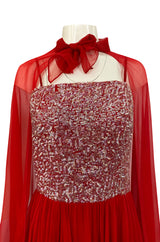1960s Unlabeled Red Silk Chiffon & Sequin Dress w Matching Cape