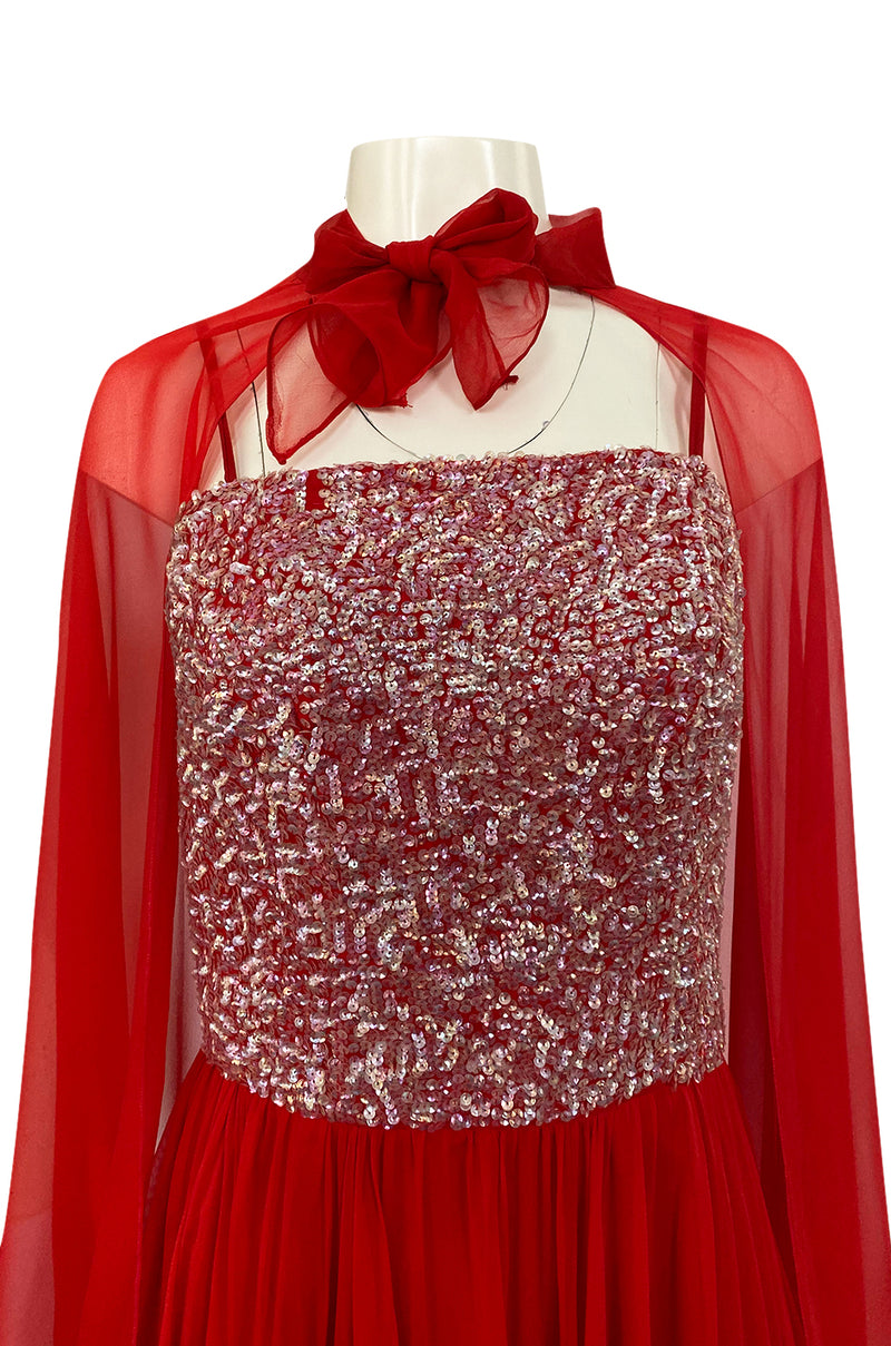 1960s Unlabeled Red Silk Chiffon & Sequin Dress w Matching Cape