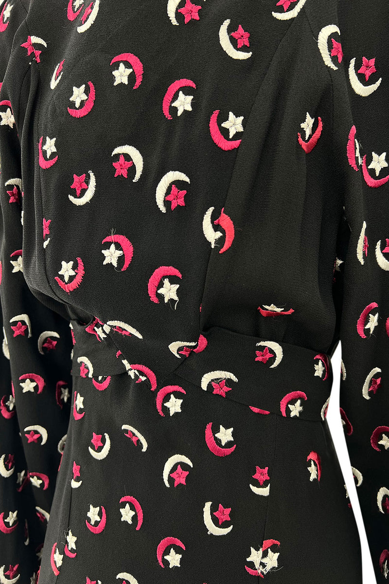 Wonderful 1971 Ossie Clark Moss Crepe Dress w Celia Birtwell Moon & Star Embroidery