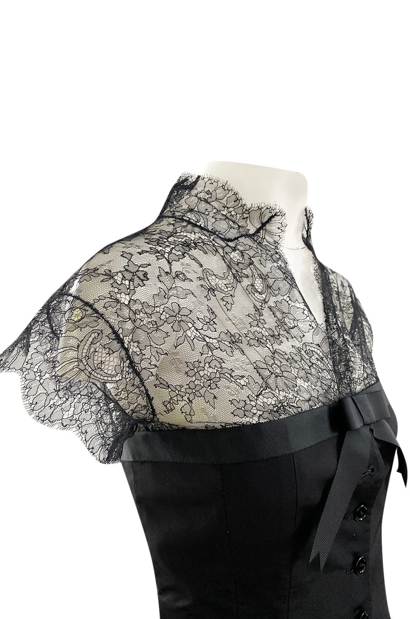 Spring 2004 Alexander McQueen Black Silk Taffeta and Black Lace Detailed Top & Skirt Set