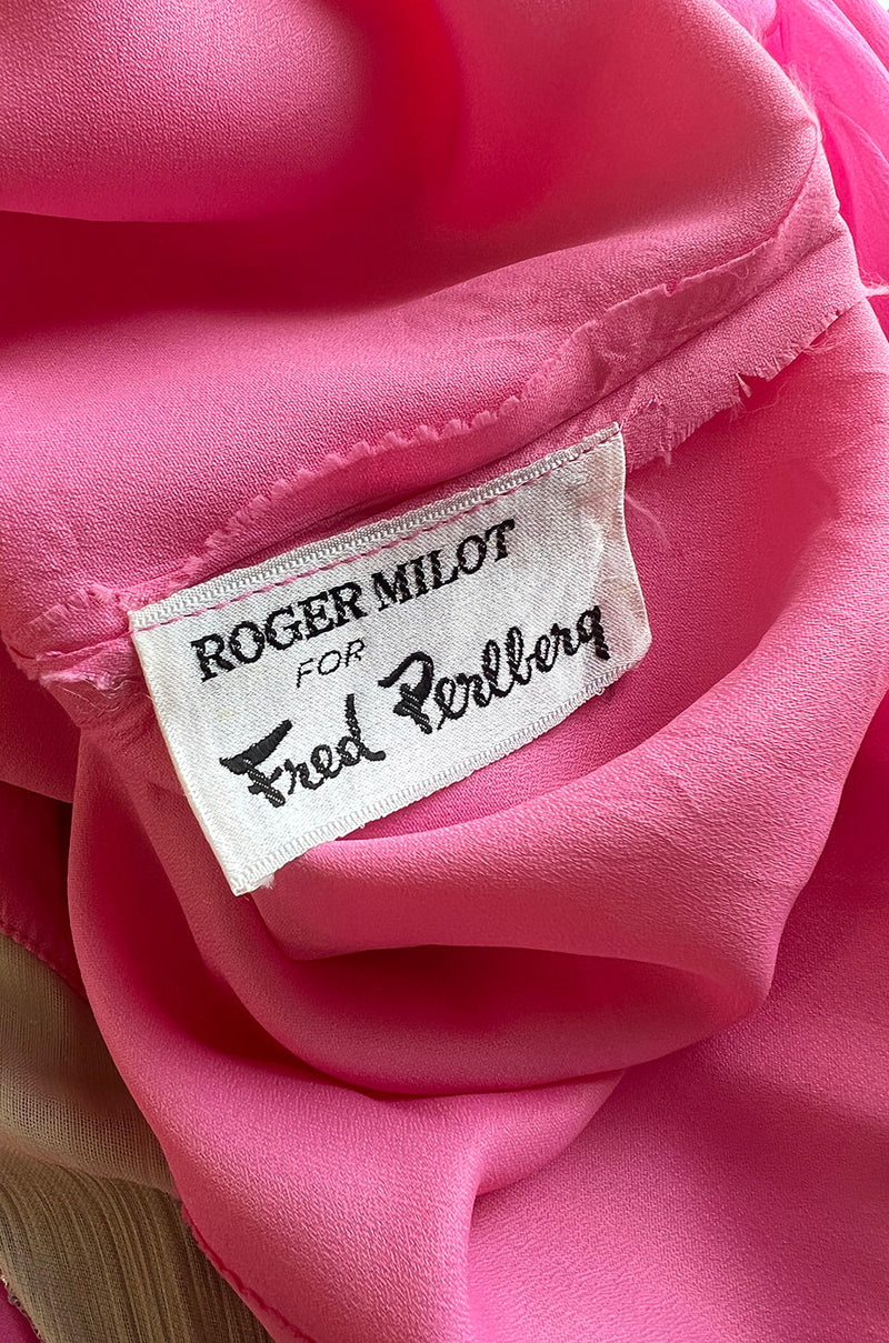 Late 1960s Fred Perlberg by Roger Millet Pink Silk Chiffon Dress w Silver Beaded Bodice