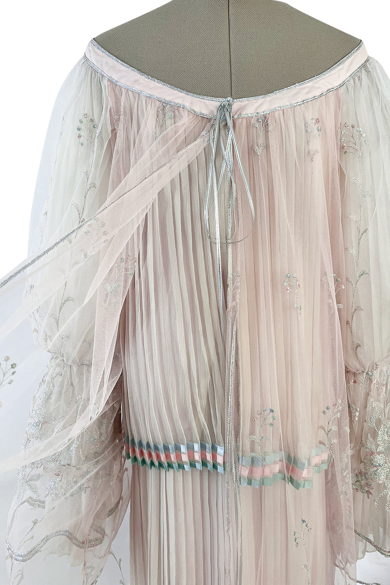 1976 Bill Gibb Couture Pleated Silk Chiffon Skirt w Metallic Thread Embroidered Silk Net Coat