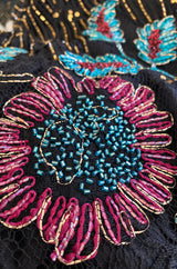 1970s Alfred Bosand Densely Beaded Sequinned & Embroidered Gold & Floral Dress