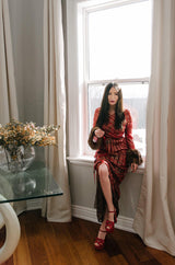 Fall 1979 Bill Blass Couture Hand Sequin Gold & Red Silk Chiffon Dress