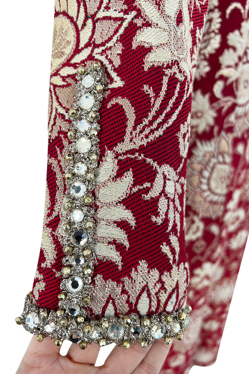Stunning 1970s Adele Simpson Red & Gold Brocade Dress w Rhinestone Detailing