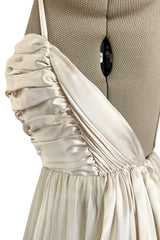 Spectacular Late 1970s Galanos Couture Ivory Silk Chiffon Dress w Brilliant Floral Print