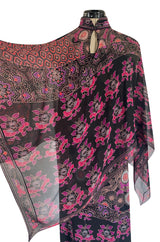 Beautiful 1970s Leonard Strapless Printed Silk Jersey Dress w Matching Silk Chiffon Cape