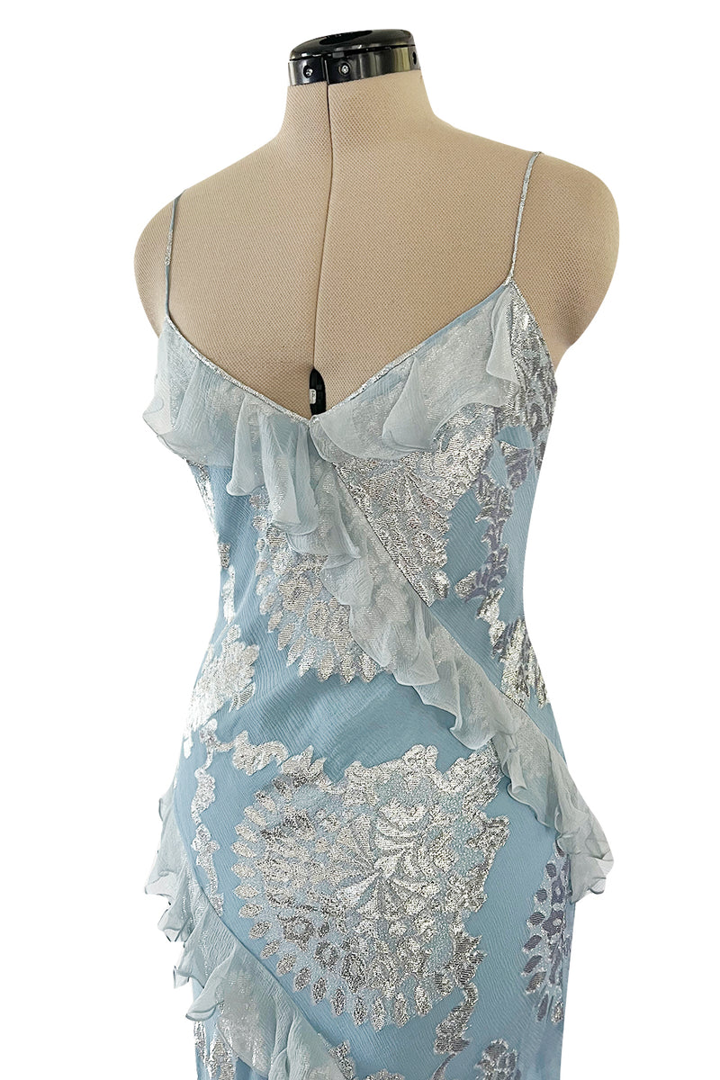 Iconic Fall 2004 John Galliano Bias Cut Blue Dress w Ruffles & Metallic Silver Detailing