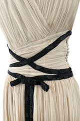 Spring 2012 Christian Dior Runway Ivory Silk Chiffon Dress w Black Beaded Bow Detail