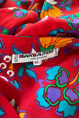 Prettiest Spring 1983 Yves Saint Laurent Runway Printed Floral Red Silk Dress w Tie Belt