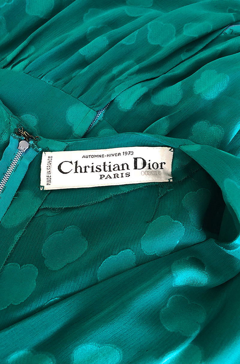A/W 1973 Christian Dior Haute Couture Stunning Green Silk Chiffon Dress