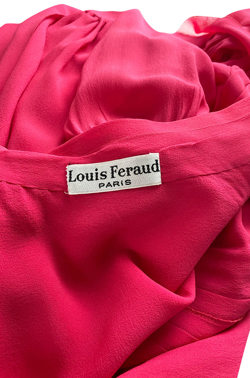 1970s Louis Feraud Haute Couture Hand Pleated Pink Silk Chiffon Day Dress w Bow
