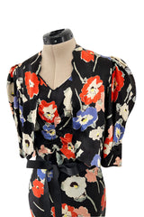 Beautiful 1930s Bias Cut Heavy Silk Satin Floral Print Dress w Scalloped Edged Jacket