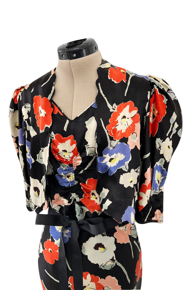 Beautiful 1930s Bias Cut Heavy Silk Satin Floral Print Dress w Scalloped Edged Jacket
