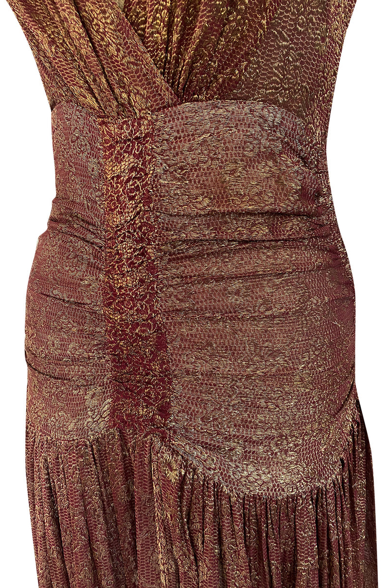 Late 1920s Unlabeled Gold Metallic Lame Thread Mixed w Deep Burgundy Silk Deep Plunge Dress