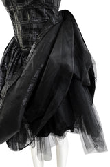 Early 1980s Nina Ricci Black Silk Metallic Lame Full Skirted Low Back Dress