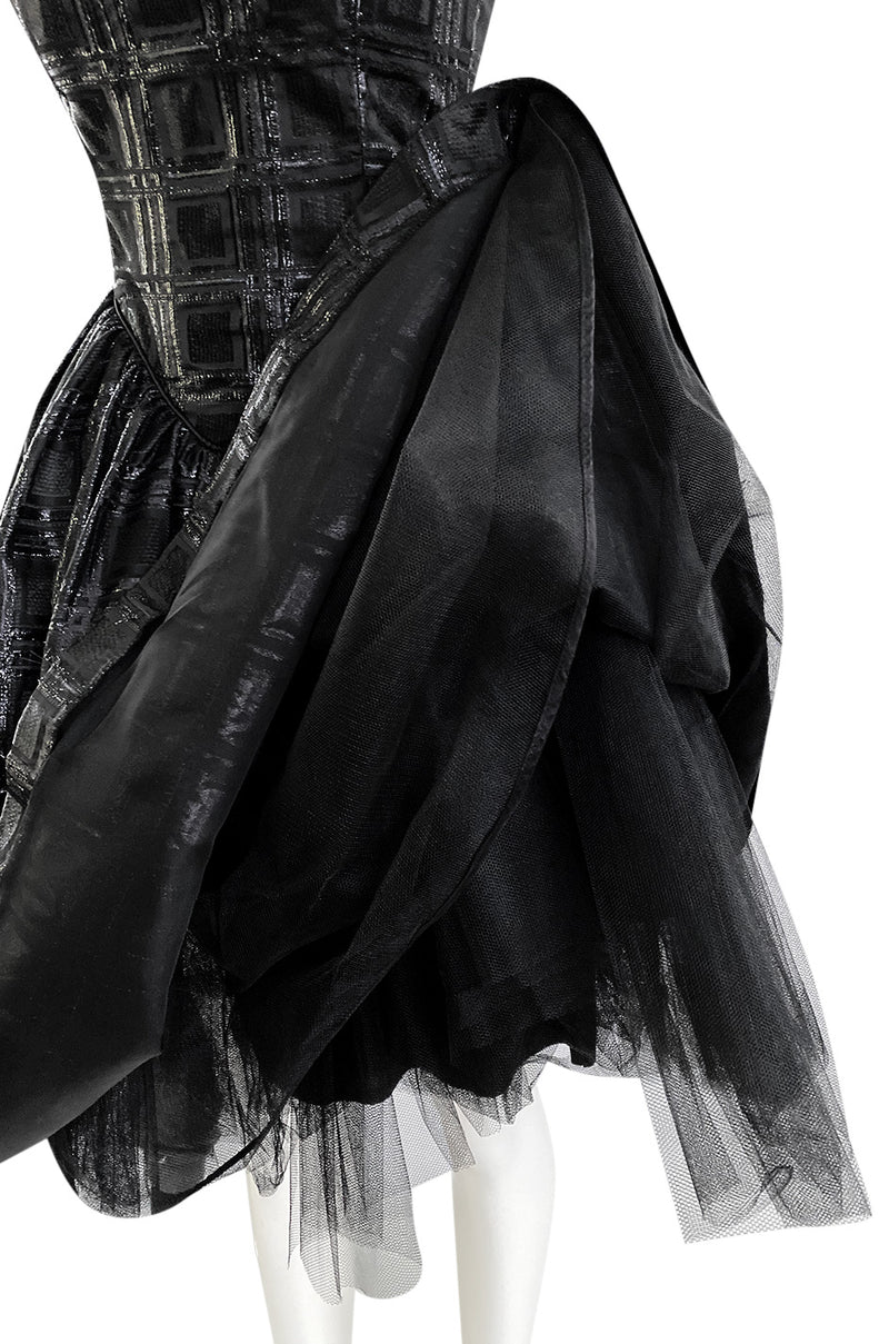 Early 1980s Nina Ricci Black Silk Metallic Lame Full Skirted Low Back Dress
