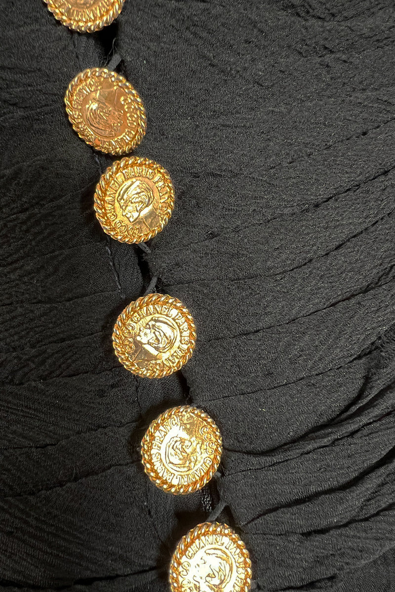 1980s Chanel by Karl Lagerfel Black Silk Chiffon Dress w Gold Button D –  Shrimpton Couture