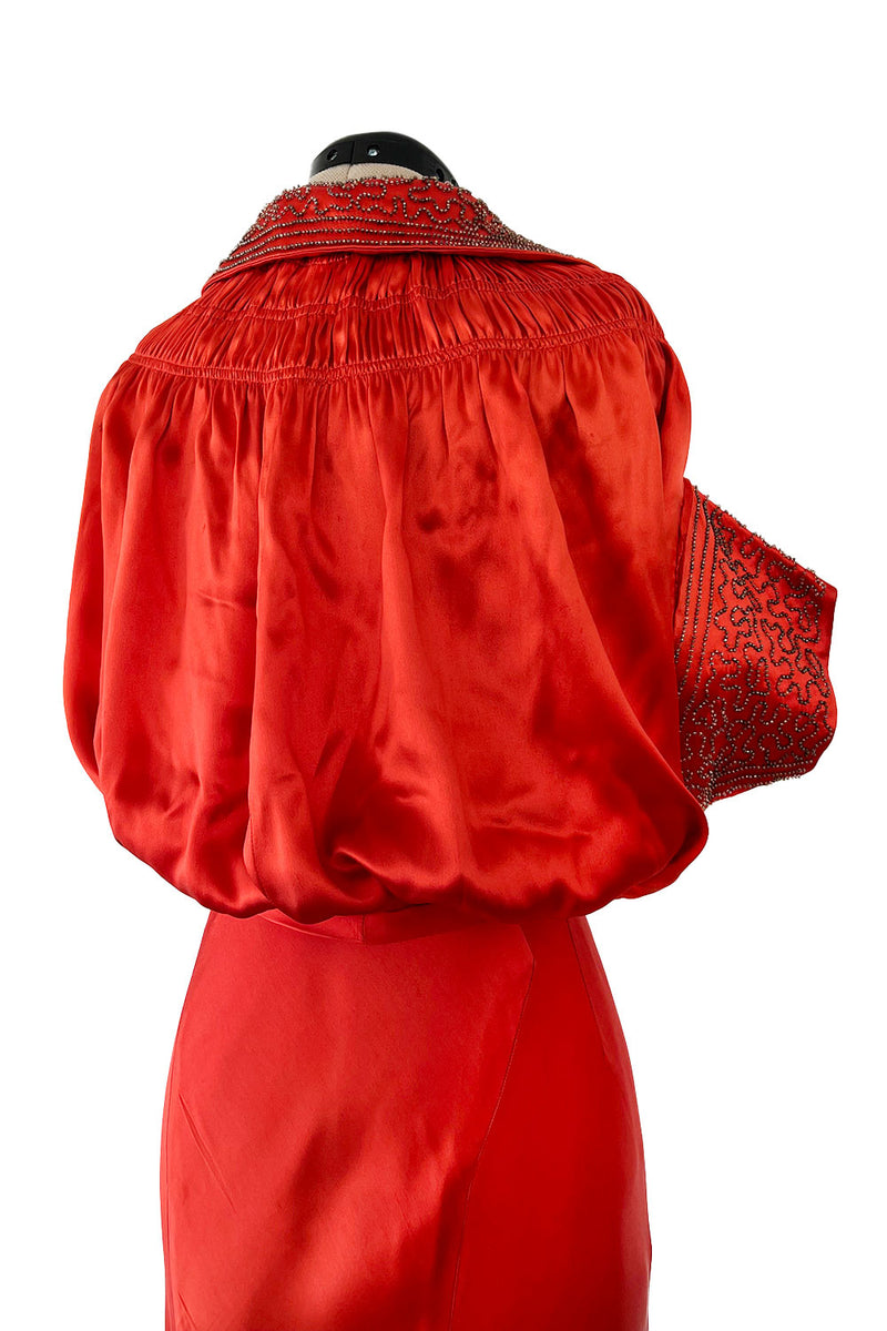 Gorgeous 1930s Coral Red Bias Cut Dress w Back Cut Outs & Matching Beaded Jacket