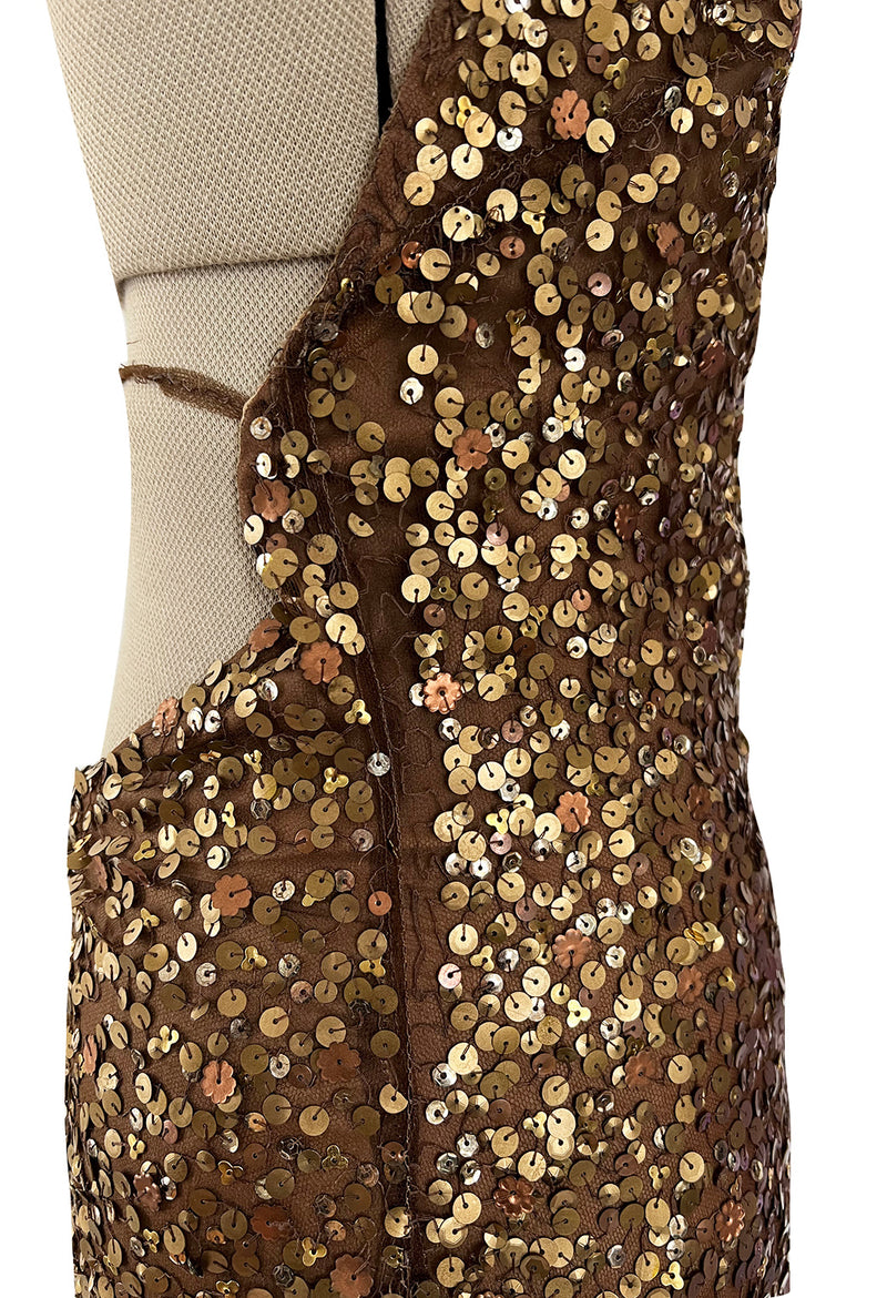 Fall 2002 Valentino Plunged Silk Net Chiffon Dress Completely Covered in Copper Sequins