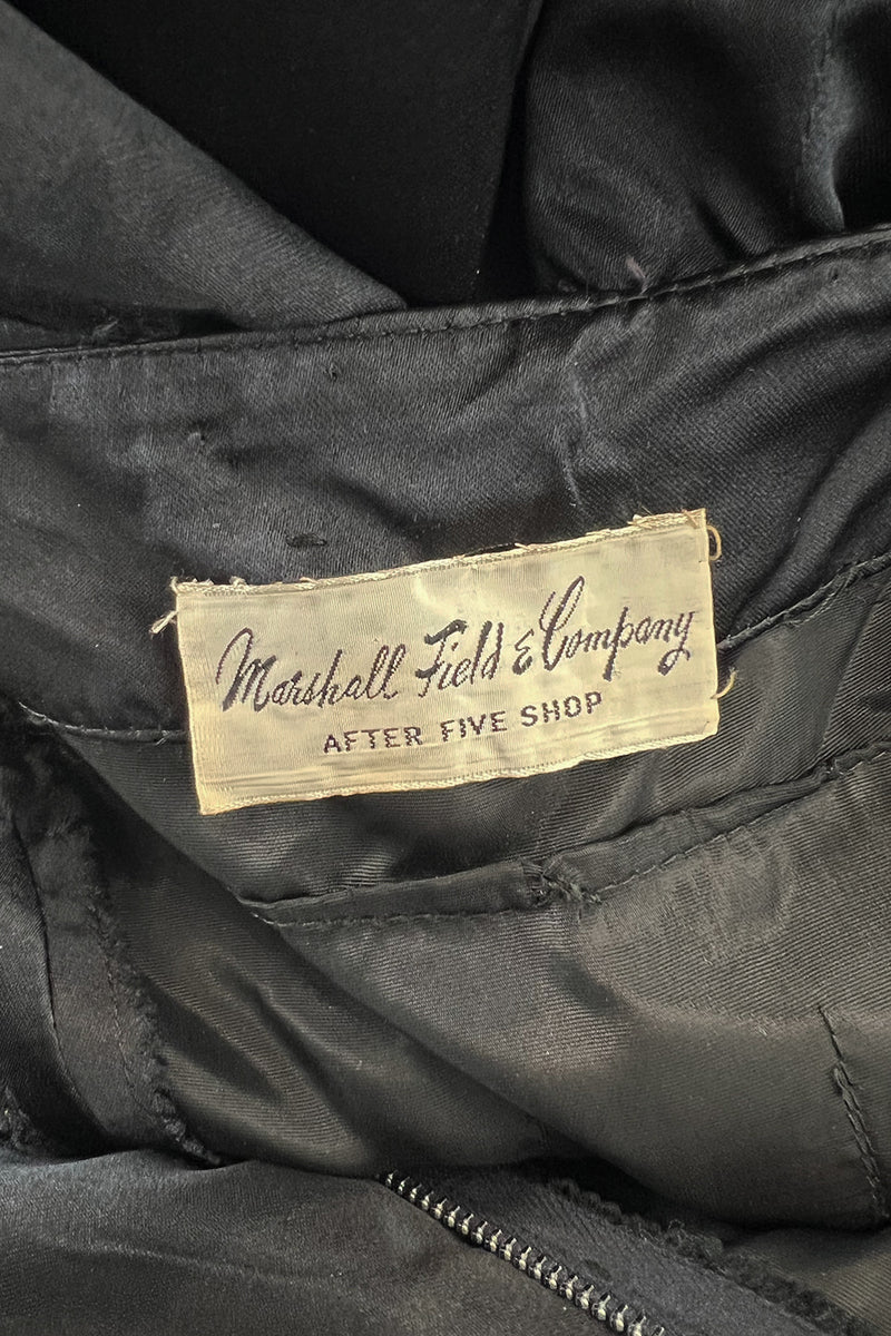 Prettiest 1950s Marshall Field Black Silk Cocktail Dress w Unusual Bodice Detailing