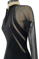 Spectacular 2005 John Anthony Couture Black Stretch Jersey Dress w Curved Netted Cut Outs