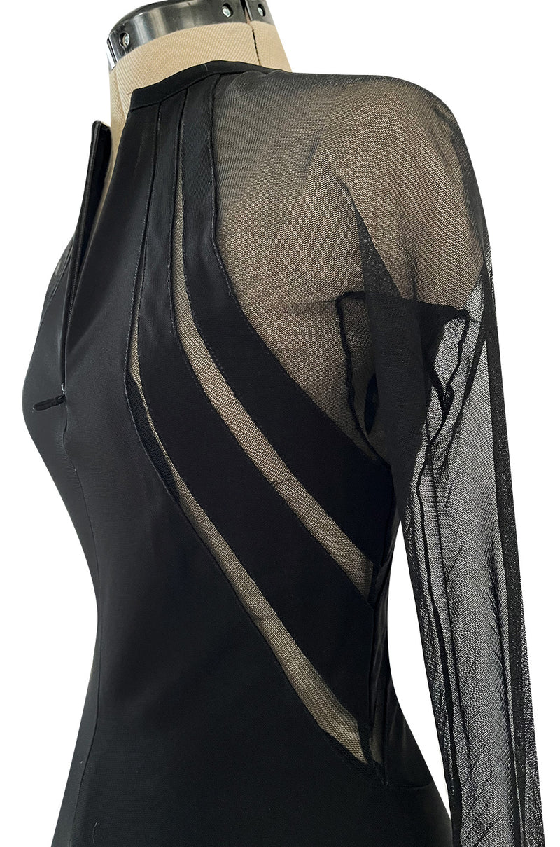 Spectacular 2005 John Anthony Couture Black Stretch Jersey Dress w Curved Netted Cut Outs