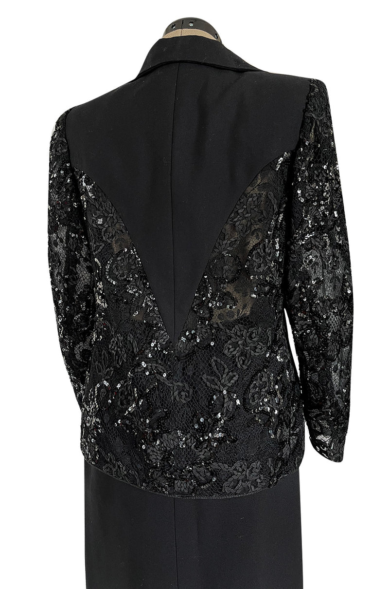 1980s Ady Couture Lausanne Transparent Lace & Sequin Jacket Suit w Black Pencil Skirt