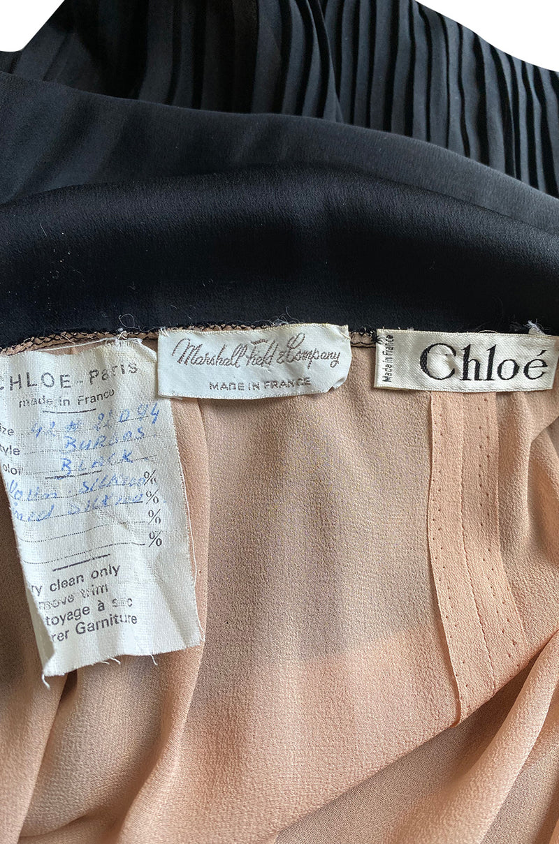 1970s Chloe by Karl Lagerfeld Black Silk Chiffon Tiny Knife Pleated Empire Bodice Dress