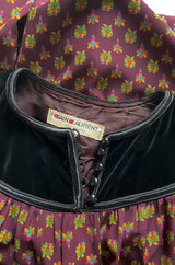Fall 1977 Yves Saint Laurent Pretty Floral Printed Silk Smock Dress w Velvet Detailing