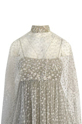 1970s Unlabeled Alfred Bosand Sequin Bodice Dotted Silk Net Dress W Matching Cape Overlay