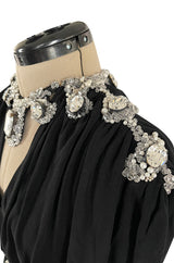 Incredible 1970s Loris Azzaro Black Silk Jersey Dress w Huge Attached Jewel Collar & Jewelled Belt