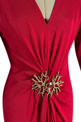 Iconic Fall 1985 Yves Saint Laurent Ad Campaign Red Plunge Dress w Jewel Clasp