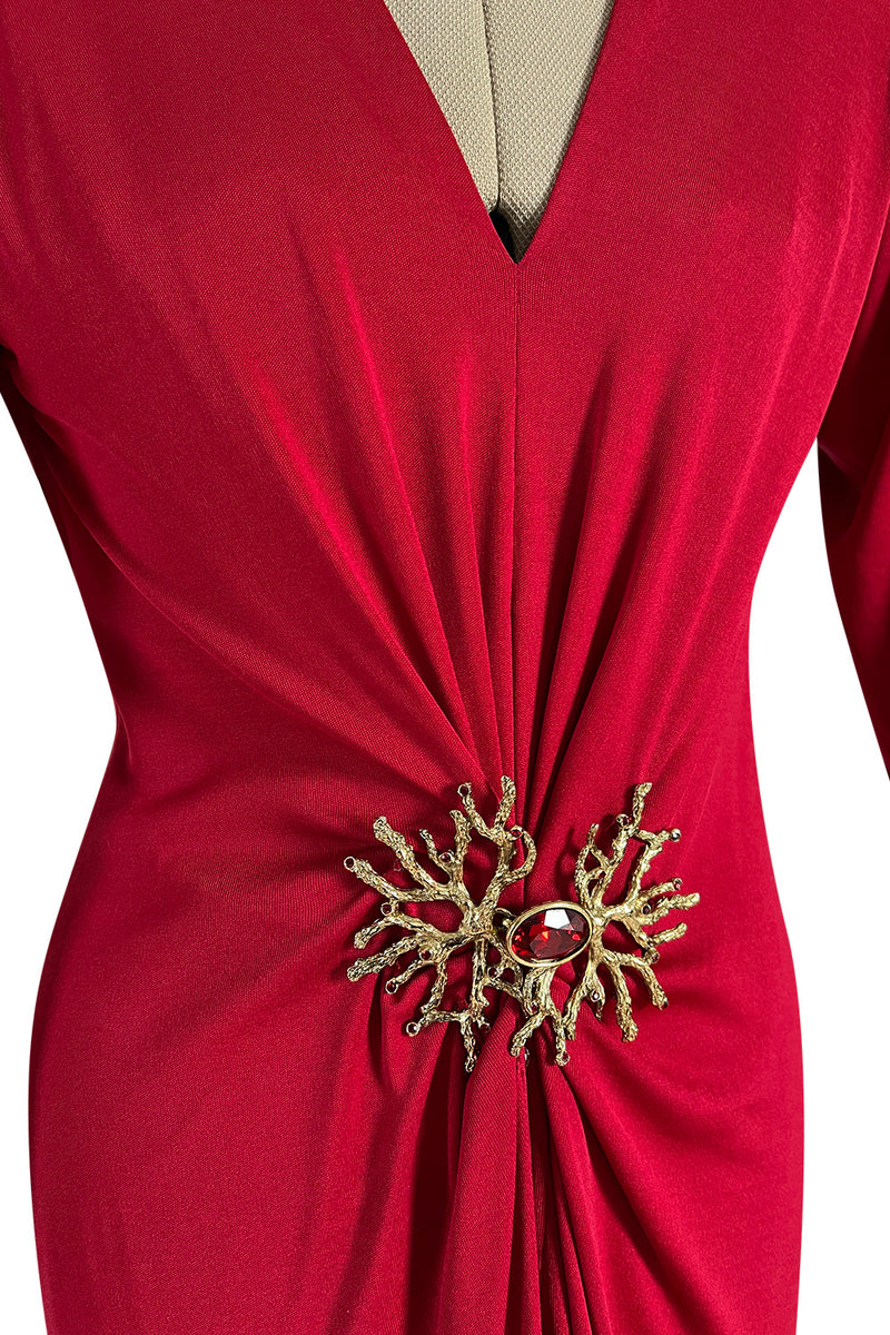 Iconic Fall 1985 Yves Saint Laurent Ad Campaign Red Plunge Dress w Jewel Clasp