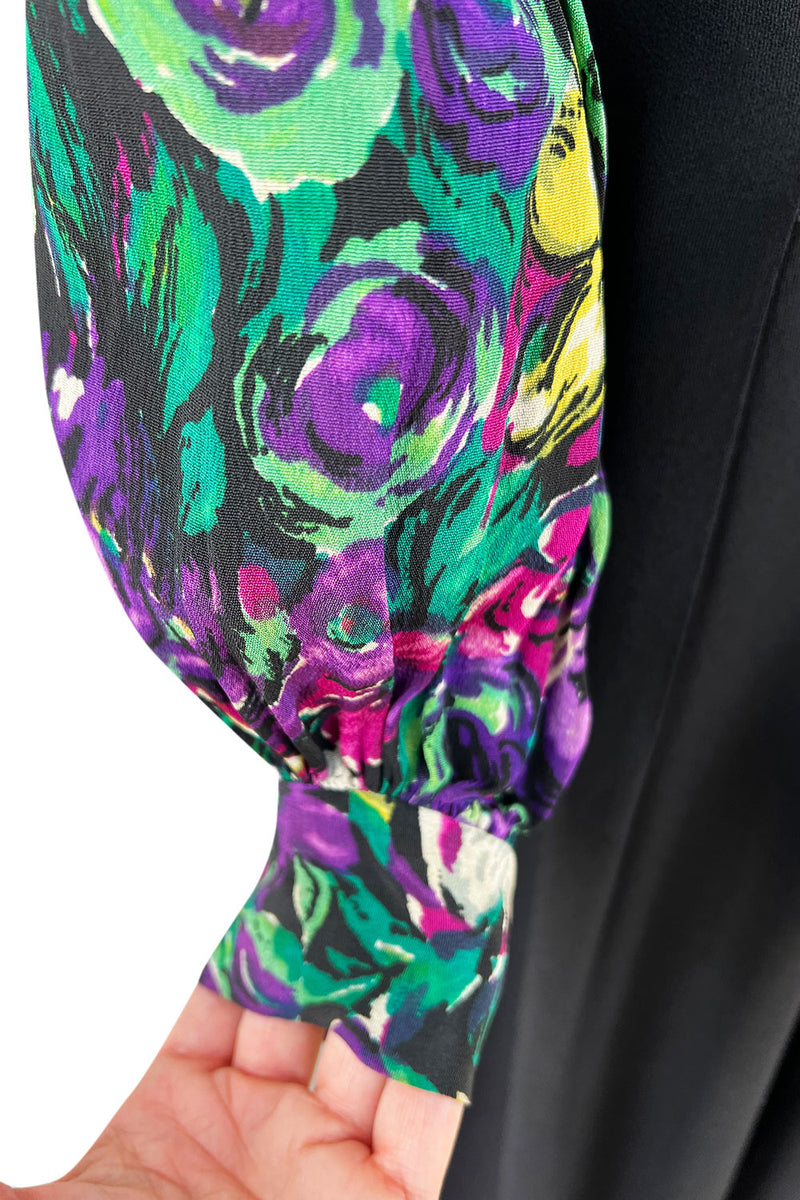 Chic 1930s Silky Rayon Vibrant Floral Printed Dress w Flared Black Crepe Skirt