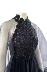 1960s Werle Black Organza & Embroidered Lace Transparent Back Dress