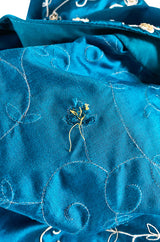 1970s Elaborately Embroidered Deep Turquoise Blue Silk Caftan Dress