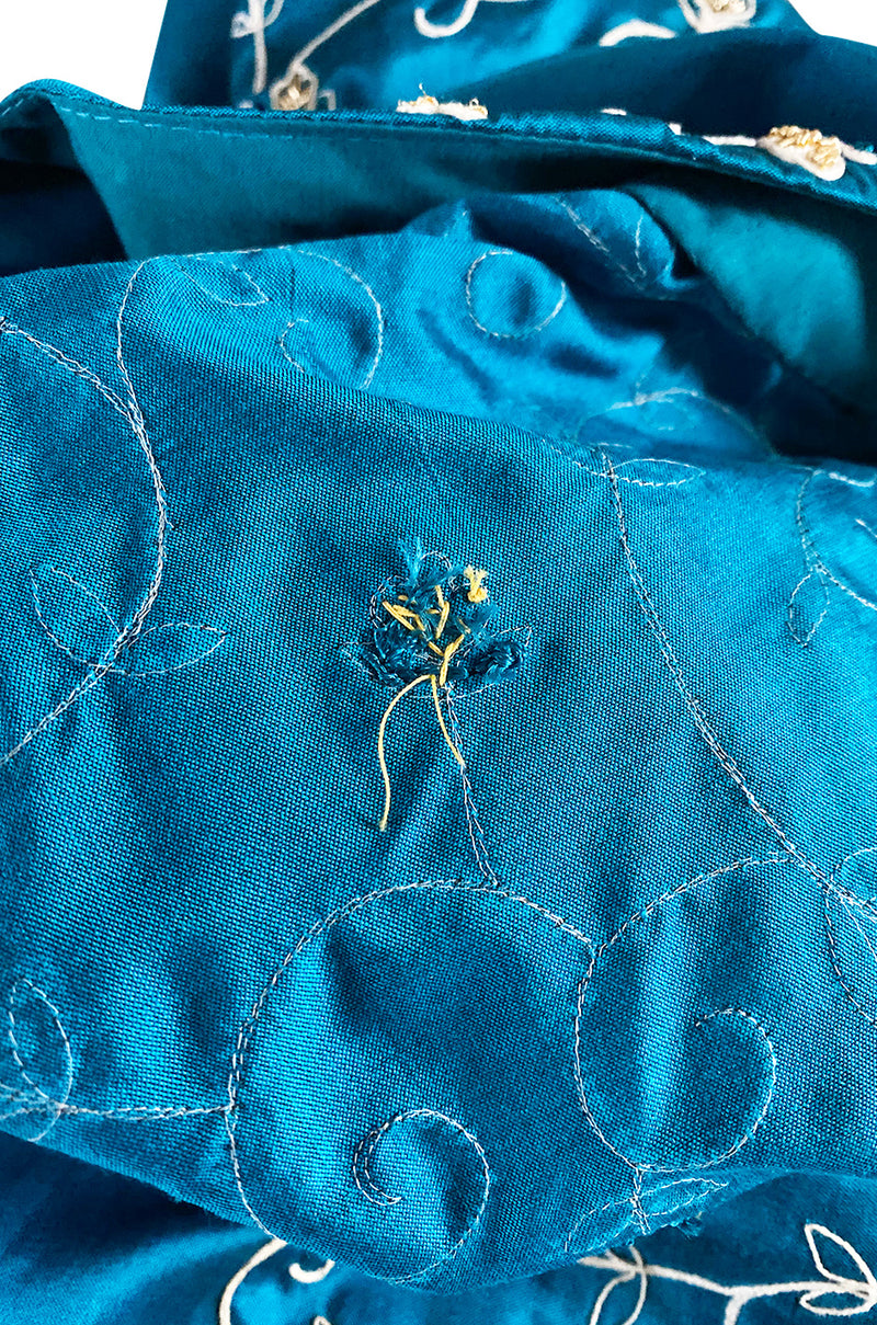 1970s Elaborately Embroidered Deep Turquoise Blue Silk Caftan Dress