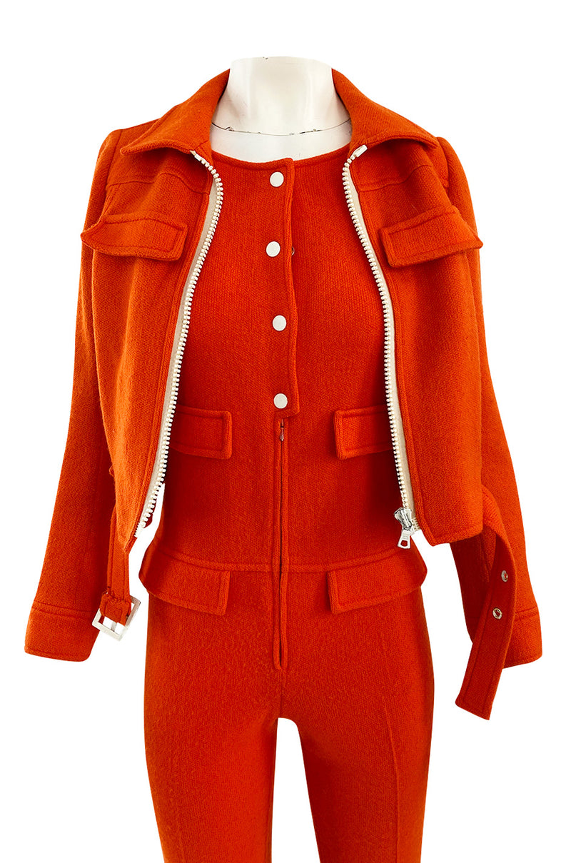 Rare 1970s Courreges Hyperbole Bright Orange Wool Jumpsuit & Matching Cropped Jacket