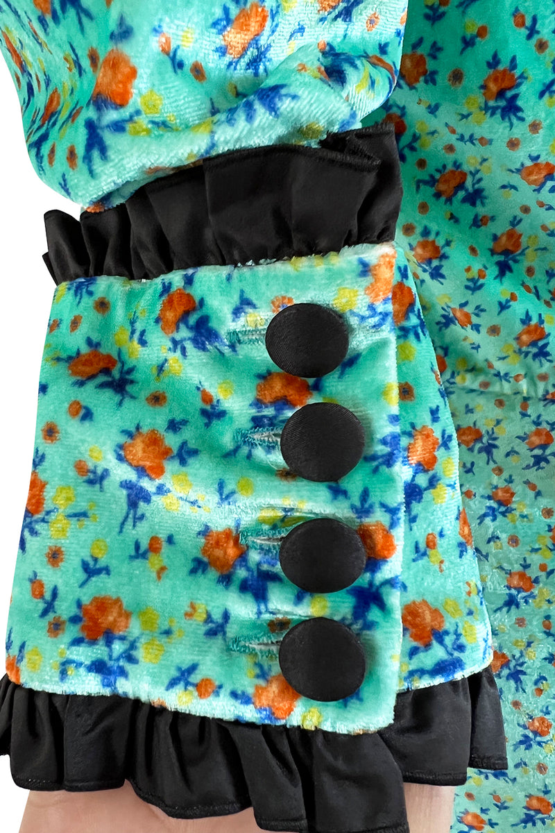 Gorgeous Fall 2017 Alessandra Rich Turquoise Velvet Dress w Ruffle & Collar