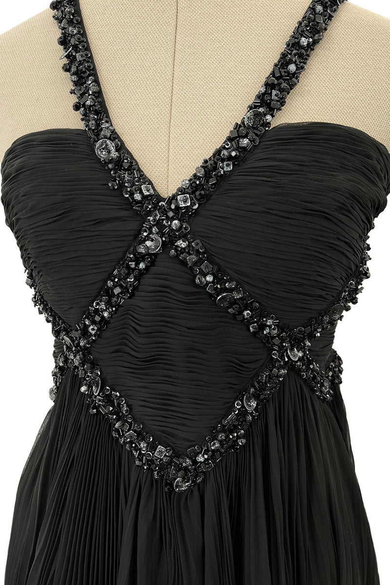 Incredible Spring 2003 Valentino Runway Black Silk Chiffon Dress w Black Beaded Detailing