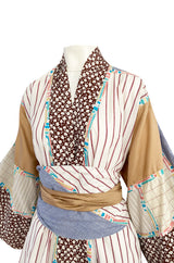 1980s Koos Van Den Akker Patchwork Collage Wrapped Cotton Coat or Dress w Wide Sash