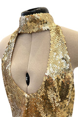 Rare Spring 1973 Loris Azzaro Ad Campaign Documented Gold Metallic Sequin Backless Halter Dress