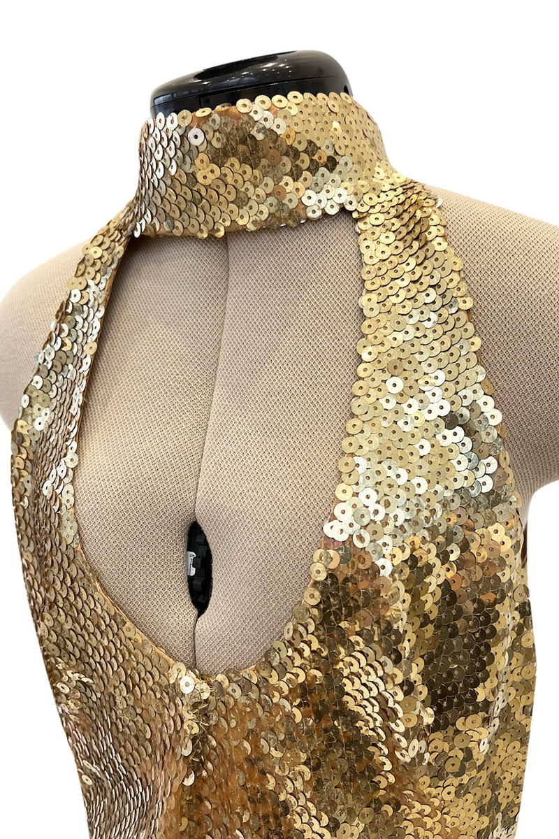 Rare Spring 1973 Loris Azzaro Ad Campaign Documented Gold Metallic Sequin Backless Halter Dress