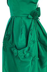 1950s Suzy Perette Emerald Green Strapless Full Skirted Dress w 3D Flower Detailing
