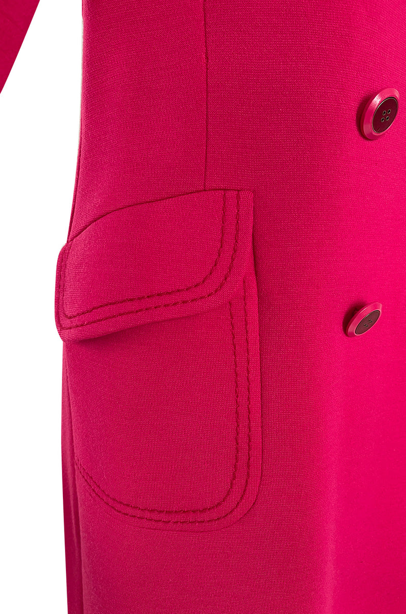 Gorgeous 1970s Unlabeled Top Stitched Knit Jersey Coat in a Bright Joyful Raspberry Coral Colour